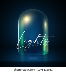 Glass Dome. Scene, pedestal and 3D platform. Advertising, award and win design. Show and sale background.