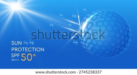 Glass dome shield sphere with UV light rays. Sun protection barrier effect for skin care, abstract technology background. Vector.