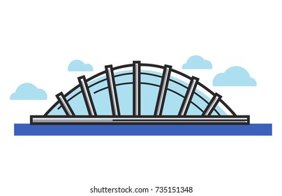 Glass dome situated on water under sky with clouds