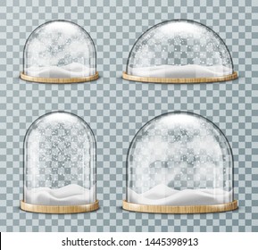 Glaskuppel mit schneerealistischer Vektorgrafik. Glasrunde Kuppel verschiedener Formen mit heller Holzplatte und weißer fallender Schneeflocke einzeln auf transparentem Hintergrund. Weihnachtsgeschenk