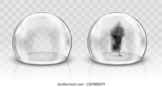Glass dome or sphere realistic vector. Glass round dome, empty crystal globe and black feather storage container or product presentation case with reflection, illustration isolated on background