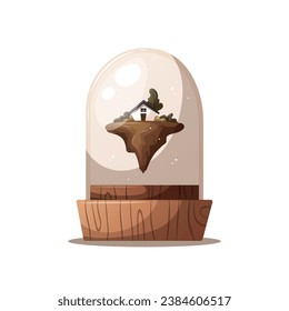 Glass dome with tiny house and trees. Nature, landscape, interior decor, decoration concept. Vector illustration.