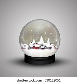 Glass Dome Winter In Wooden House On Christmas. Vector