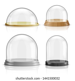 Glass Dome And Wooden And Plastic Tray Realistic Vector. Glass Round Dome Of Various Shapes With Plate, Food Storage Container Or Product Presentation Case With Reflection Isolated On White Background