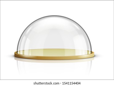 Glass Dome And Wooden Tray Realistic Vector. Glass Round Dome With Plate, Food Storage Container Or Product Presentation Case With Reflection Isolated On White Background