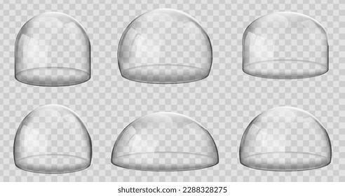 Glass domes. 3D Realistic spherical kitchen utensils, laboratory or exhibition cases. Vector set isolated glossy shape of showcase safety on transparent background