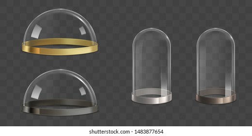 Domos de vidrio, tarros de campanas con rayas de oro, plata, bronce y metal sobre el vector realista inferior aislado en fondo transparente. Tienda de joyas, muestra de seguridad en el museo