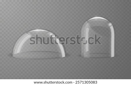 Glass domes of different spherical shapes and sizes in realistic 3d style. Exhibition showcase or laboratory instrument, dust cover. Vector illustration.