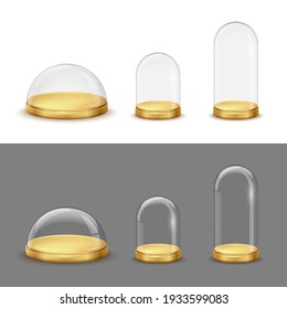 Glass domes set on white and grey backgrounds. Transparent crystal cases with round golden trays vector illustration. Empty realistic Christmas containers, displays or showcases.