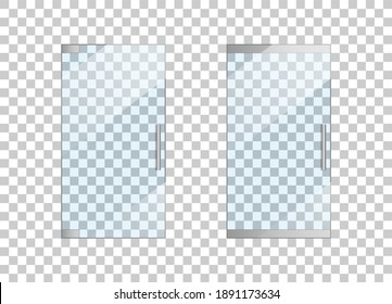 Glass door. Glass entrance in office. Door with handle for store. Doorway of shop in front view. Window of mall. Mockup of clear, closed exterior isolated on transparent background. Vector.