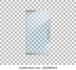 Glass door. Glass entrance in office. Door with handle for store. Doorway of shop in front view. Window of mall. Mockup of clear, closed exterior isolated on transparent background. Vector.