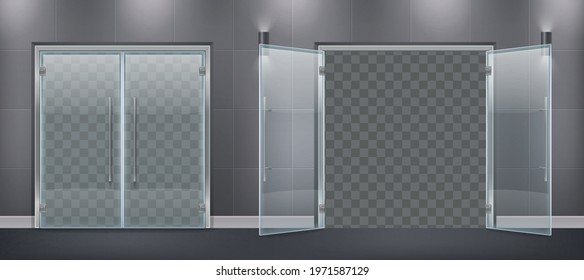 Glass door entrance realistic composition with closed and open door leaves with metal handles and sides vector illustration