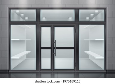 Glass door entrance realistic composition with view of store front with transparent door and empty shelves vector illustration