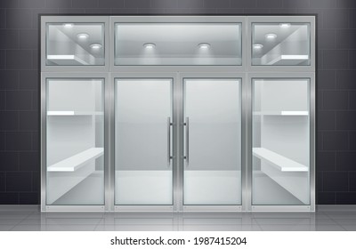 Glass door entrance realistic composition with front view of store entrance with empty shelves and lights vector illustration