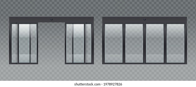 Glass door entrance realistic set with transparent background and images of glass doors with opened sections vector illustration