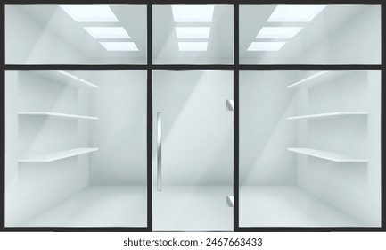 Glastür und Fassade des Speichers realistische 3D-Illustration. Einzelhandel Showroom Design. Leere Werkstatt Vorderansicht Außenfarbe Vektorgrafik Hintergrund