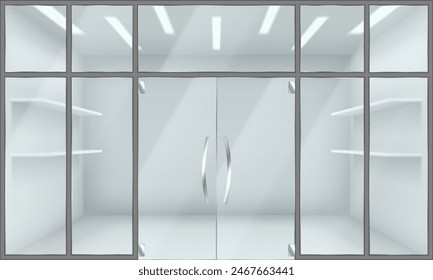 Puerta de vidrio y fachada de la tienda ilustración 3d realista. Diseño de sala de exposición. Fondo de Vector de color exterior de vista frontal de tienda vacía