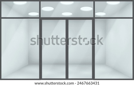 Glass door and facade of store realistic 3d illustration. Retail show room design. Empty shop front view exterior color vector background