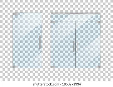 Puerta de vidrio delante con asa. Traducción de la entrada con doble puerta. Entrada en la oficina, centro comercial, tienda. Tienda de vidrio. Limpiar la ventana aislada en un fondo transparente. Vector exterior de diseño