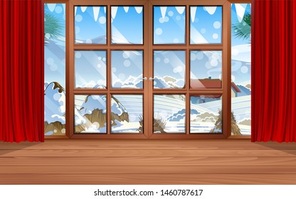 glass door of the house in snowday