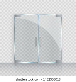 Glass Door Isolated On Transparent Background. Mockup Entrance Double Door For Store, Shop Or Fashion Boutique. Vector Clear Acrylic Frame.