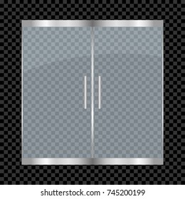 Glass Door Isolated On Transparent Background. Entry Double Doors For Mall, Office, Shop, Store, Boutique. Vector Illustration.