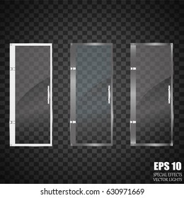 The glass door is made of plastic. Door plastic and glass, with iron handle. The door on a transparent background. Mall store glass doors for market and fashion boutique vector illustration.