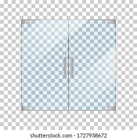 Glass door in office. Entrance isolated on transparent background. Front window with handle in mall. Clear glass in store. Mockup of modern building. Empty facade wall with closed double doors. Vector