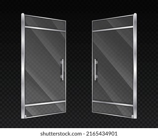 Glass door open. Entrance or exit to office or supermarket, shopping center or shop. Facade and showcase, luxury interior or exterior elements, architecture. Realistic isometric vector illustration
