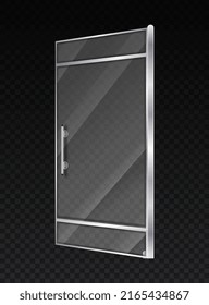 Glass door open. Entrance to supermarket, business center or regular city store. Elements of modern architecture, facade or showcase, stylish exterior. Realistic isometric vector illustration