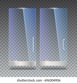 Glass door with reflection and shadows, isolated on transparent background. Vector 3D illustration. Transparent glass door, for shop, mall, transparent boutique door, office door with metal handles.