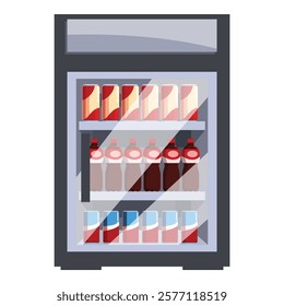 Glass door refrigerator displaying rows of soda cans and bottles, offering a variety of refreshing drinks in a supermarket or convenience store setting