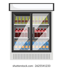 Refrigerador de porta de vidro mostrando fileiras de bebidas e garrafas à venda em um supermercado, ideal para conceitos de varejo, compras e consumismo