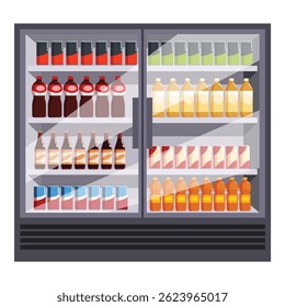 Refrigerador de porta de vidro no supermercado exibindo variedade de bebidas engarrafadas e enlatadas, sucos, cervejas e refrigerantes