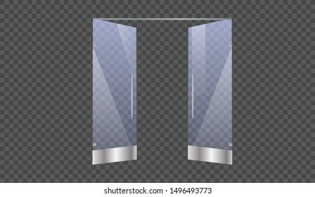 Glass door to the shopping center or office isolated on transparent background. Mock up entrance door for shop or fashion boutique.