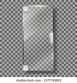 Glass Door With Silver Handle And Hinges Vector. Style Transparency Door Entrance Showcase To Fashion Store Or Hairdressing Salon. Interior Element Mockup Realistic 3d Illustration