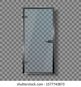 Glass Door With Steel Handle And Hinges Vector. Closed Elegance Transparent Door Entrance To Sauna Or Bath Shower. House Interior Stylish Element Template Realistic 3d Illustration