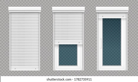 Glass Door Or Tall Window With Rolling Shutter Isolated On Transparent Background. Vector Realistic Set Of Closed And Open Roller Up For Door Or Window, White Metal Blind For Office Or Store Facade