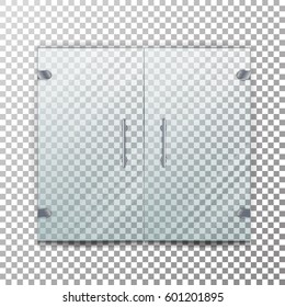 Glass Door Transparent Vector. Architectural interior symbol With Soft Shadow In Front Isolated On Checkered Background