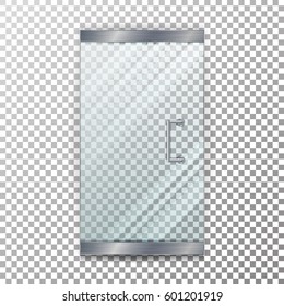 Glass Door Transparent Vector. Clear Glass Door Isolated On Transparent Checkered Background. Mock Up Entrance Door For Shop Or Fashion Boutique.
