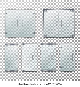 Glass Door Transparent Vector. Front For Office Or Boutique. Clear Glass Door Showcase Facade. Office Storefront Mockup. Isolated Transparent  Background Illustration