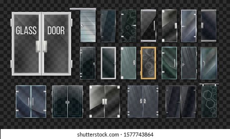 Glass Doors Architecture Collection Set Vector. Transparent Doors With Different Material Handle, Hinges And Frames. Modern Front Center Entrance Template Realistic 3d Illustrations