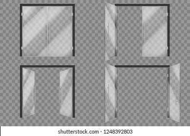 Glass Doors. Open Closed Supermarket Outside Transparent Door Isolated Vector 3d Set