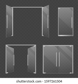 Glass doors. Realistic open and closed double glass mall and store doors. Modern architectural interior and exterior transparent architecture elements vector set