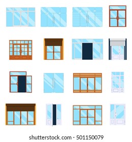Glass doors set, vector illustration. For shop, store, supermarket, office building, boutique 