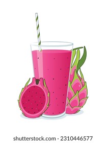 Glass of dragonfruit smoothie with half and dragonfruit isolated on white background.