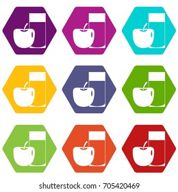 Glass of drink and apple icon set many color hexahedron isolated on white vector illustration
