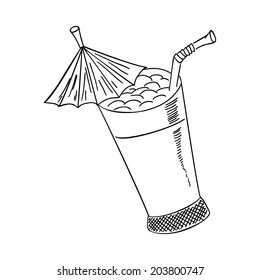 Glass with drink, black on white background. Vector sketch illustration.