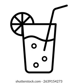 A glass of drink with bubbles, a straw and orange slice is shown in a line art illustration for beverage concepts.