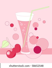 glass with drink and cherry on a pink background